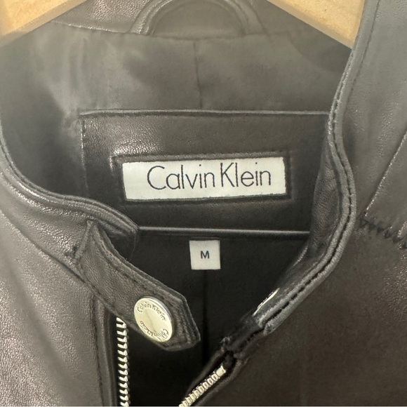 Calvin Klein Black Leather Jacket Fitted Silhouette Zippered Front - Picture 3 of 5